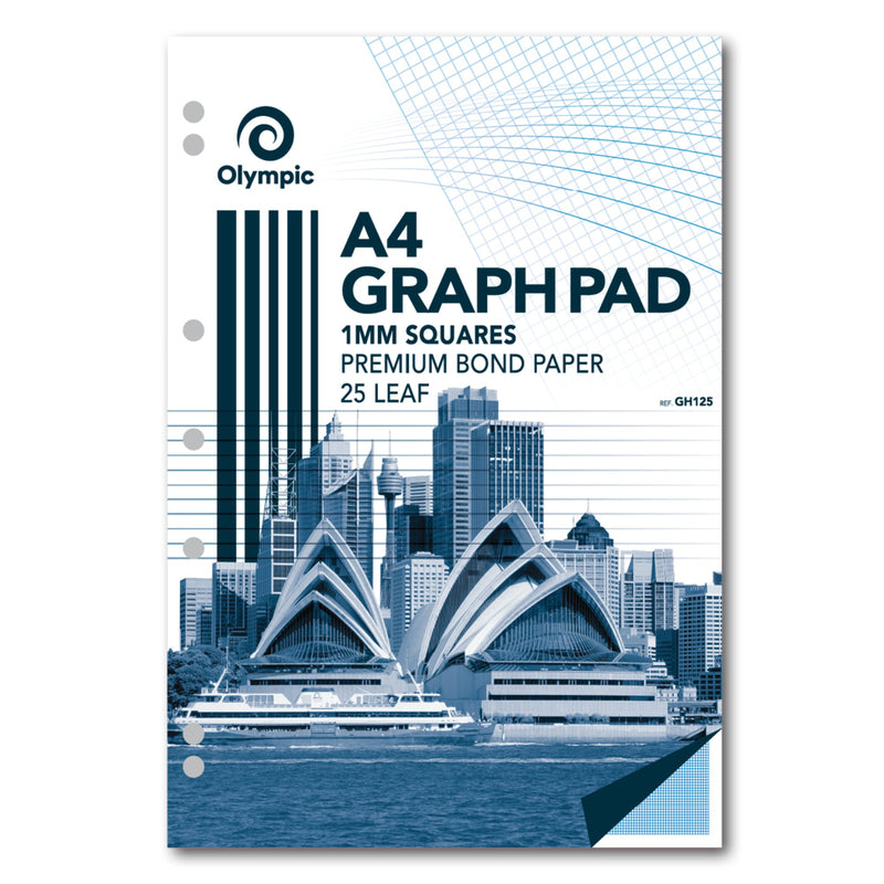 Olympic GH125 A4 graph pad with a blue toned photo of the Sydney Opera House and a ferry, punched holes on the left and the Olympic logo at top