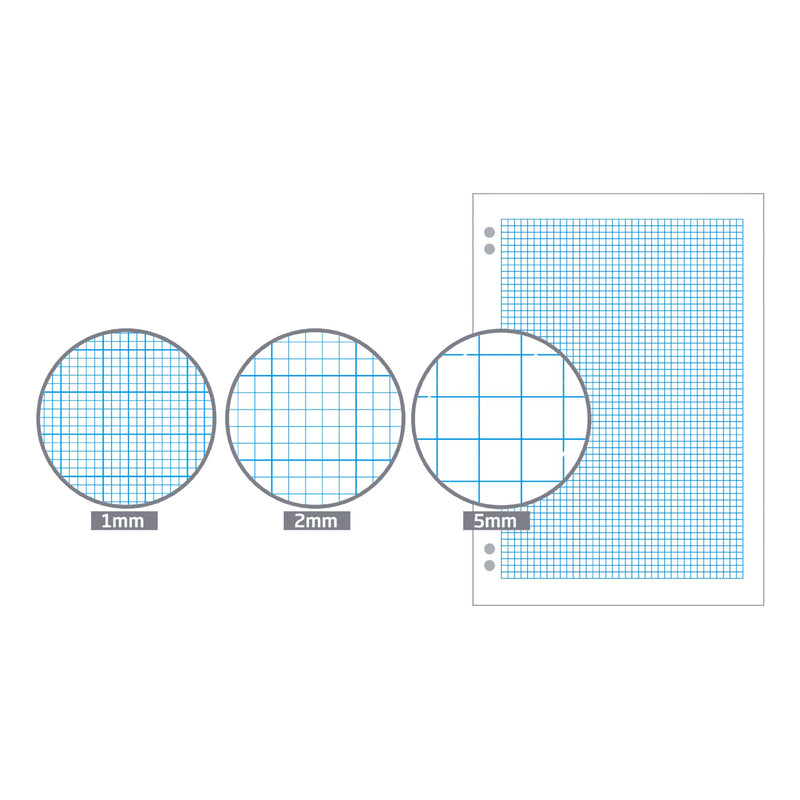 Olympic illustration of a punched graph pad sheet beside three magnified circles labelled 1mm, 2mm and 5mm showing each grid size