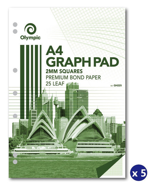 Olympic A4 graph pad cover reading 2mm Squares, Premium Bond Paper and 25 Leaf over a green Sydney Harbour and Opera House scene, with an x 5 badge
