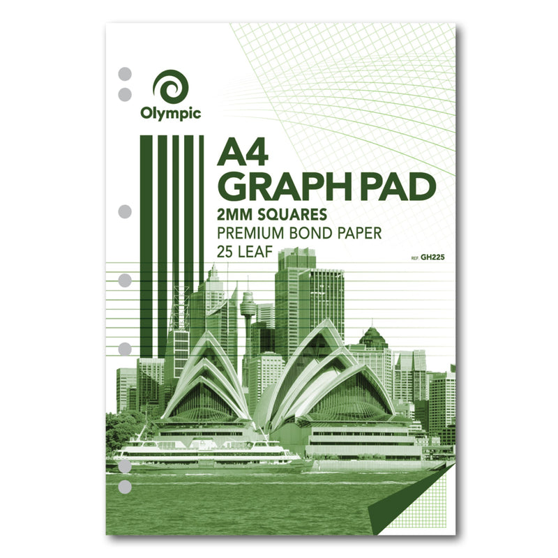 Olympic GH225 A4 graph pad with a green toned photo of the Sydney Opera House, city skyline and ferry, with punched holes down the left side