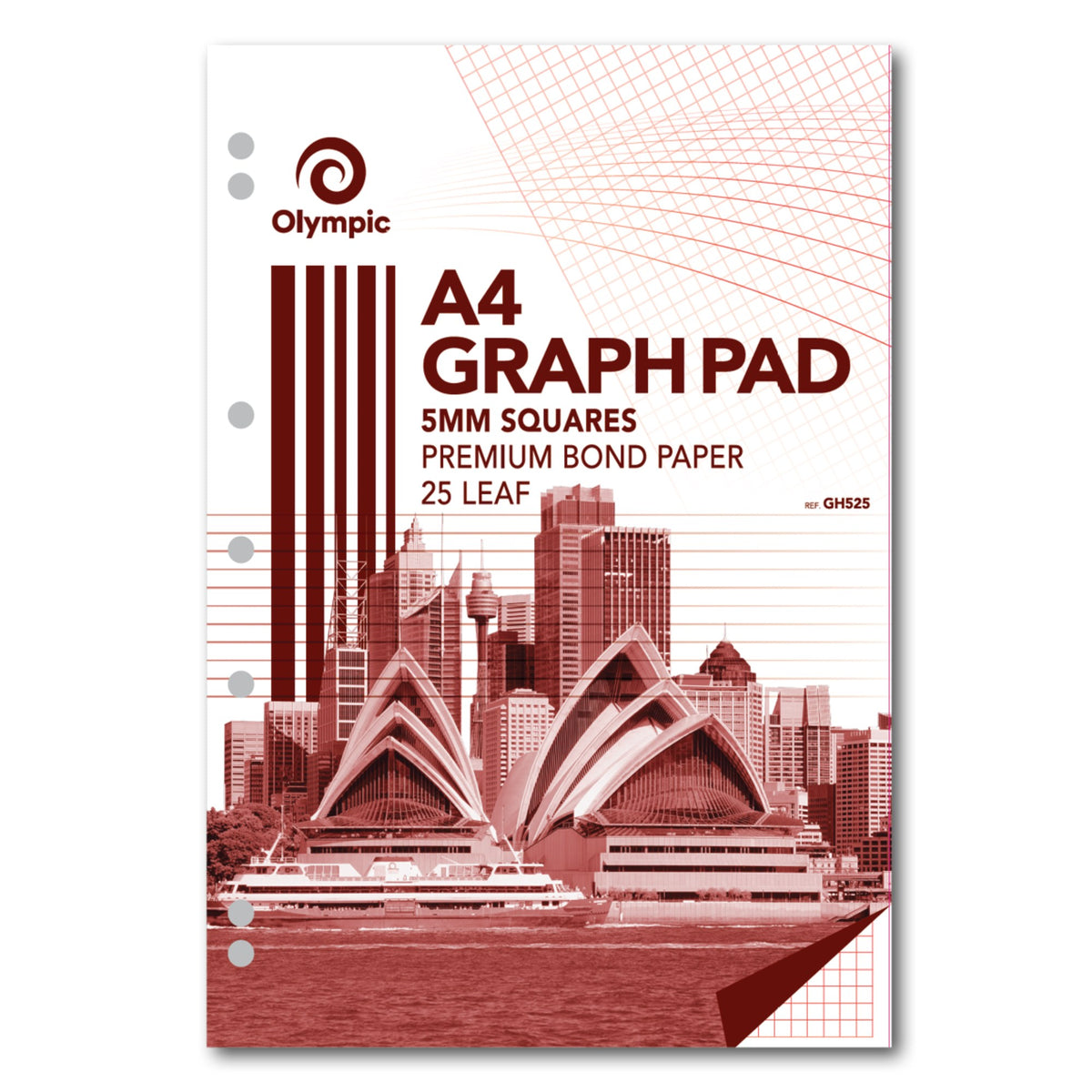 Olympic A4 Graph Pad front cover showing 5mm Squares and 25 Leaf, the Opera House skyline and punched holes down the left edge