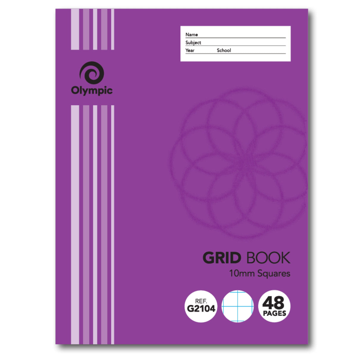Front of the purple Olympic Grid Book, 10mm Squares, G2104 reference and 48 Pages, with the name, subject, year and school panel at the top