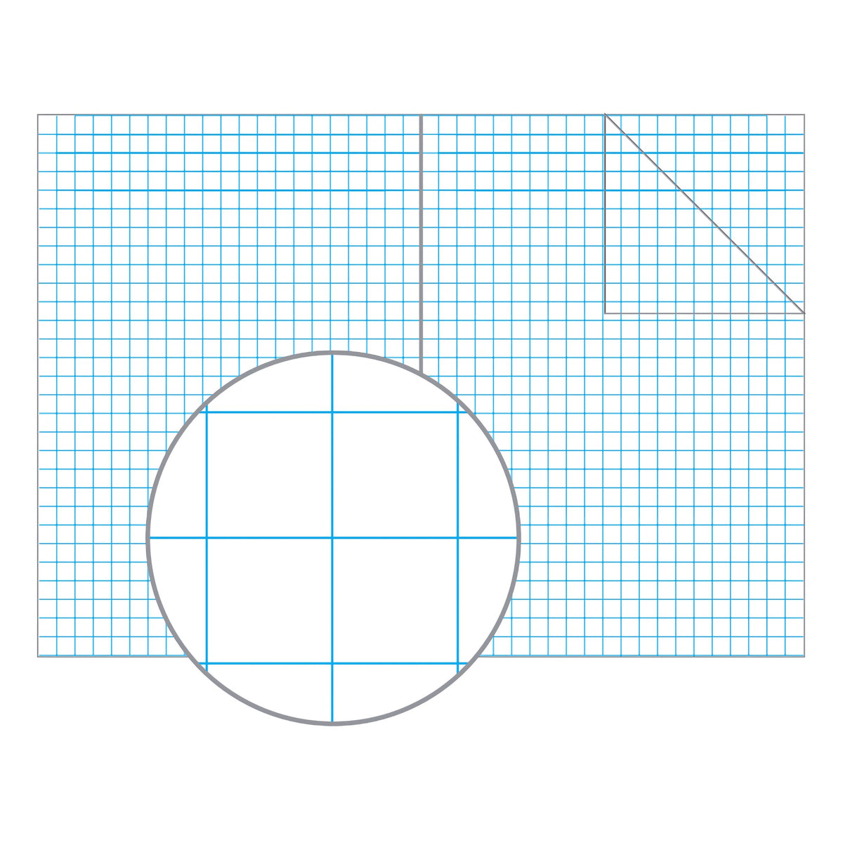 Drawing of an open book spread in light blue 10mm squares with a magnified circle showing four large squares