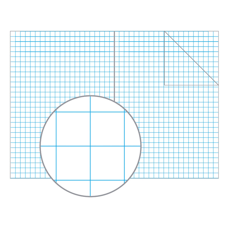 Drawing of an open book spread in light blue 10mm squares with a magnified circle showing four large squares