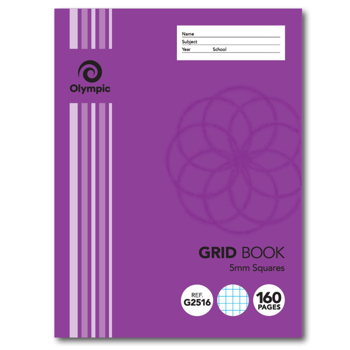 Olympic Grid Book front cover in purple with a flower outline pattern, 5mm Squares, G2516 and 160 Pages badges