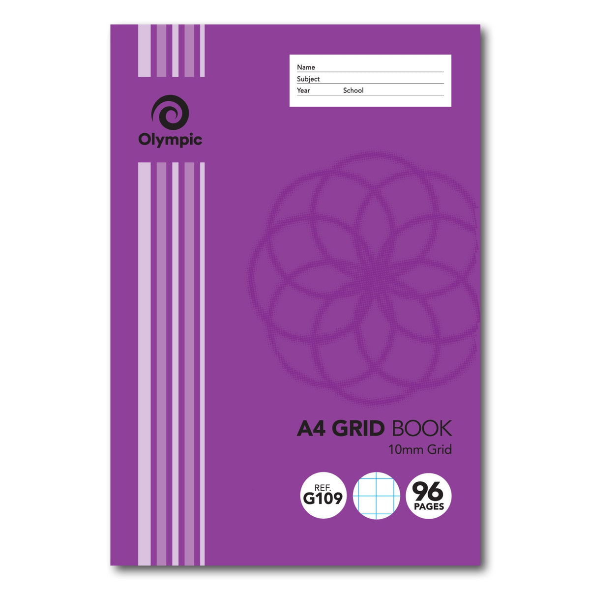 Current Olympic A4 Grid Book cover in purple showing 10mm Grid, G109 and 96 Pages badges and a name, subject, year and school panel