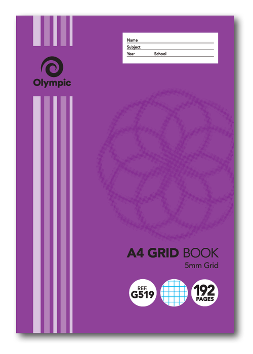Purple Olympic A4 Grid Book cover marked 5mm Grid with REF G519 and 192 Pages badges and a name, subject, year and school panel
