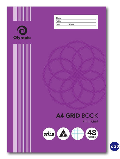 Purple Olympic A4 Grid Book cover printed 7mm Grid with REF G748 and 48 Pages badges and an x 20 badge for the pack of 20