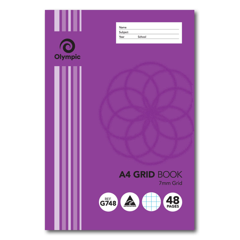 Olympic A4 Grid Book in purple with a pale flower outline, 7mm Grid, G748 and 48 Pages, and a name and subject panel at the top
