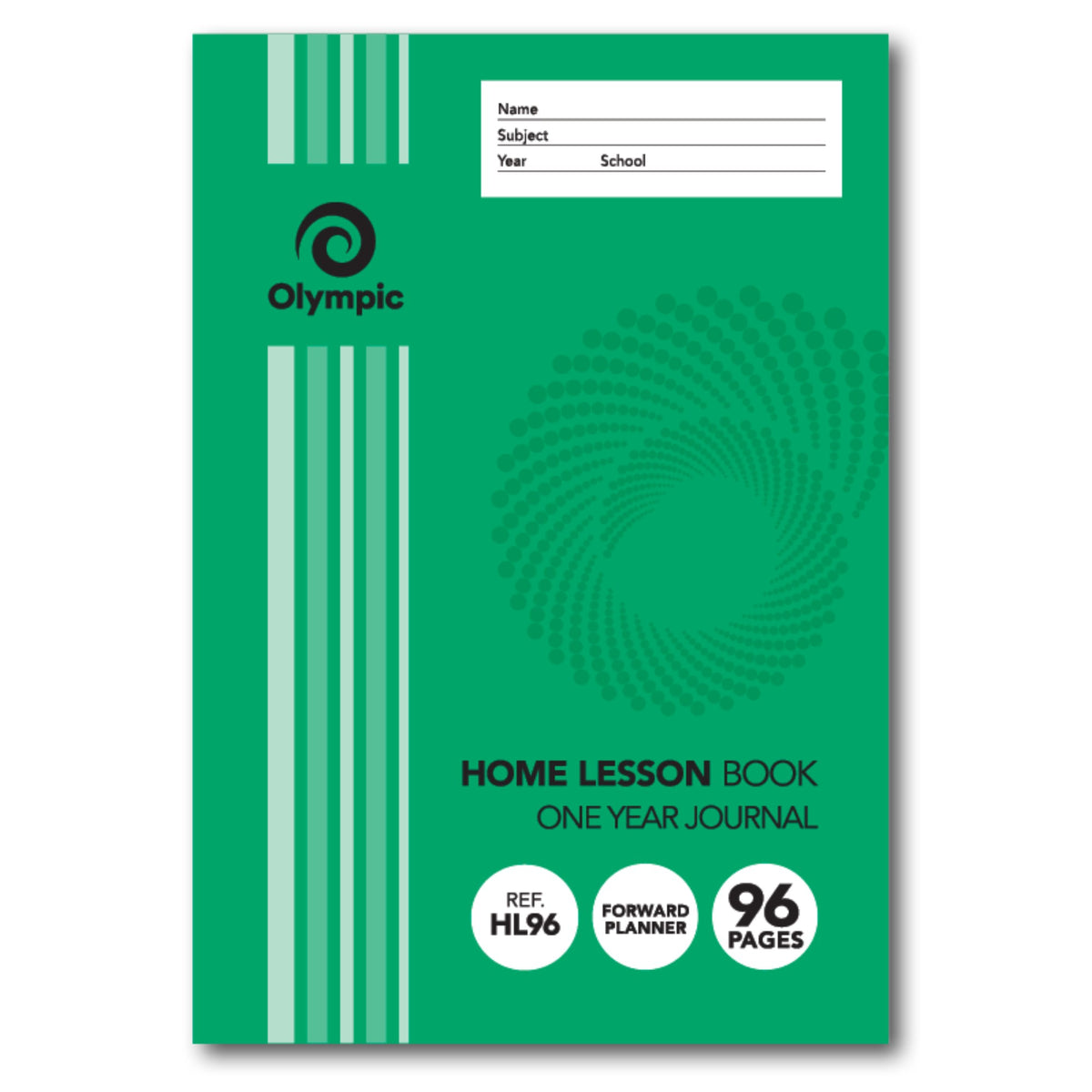 Olympic Home Lesson Book front cover in green with a white name, subject, year and school panel and a dotted swirl design