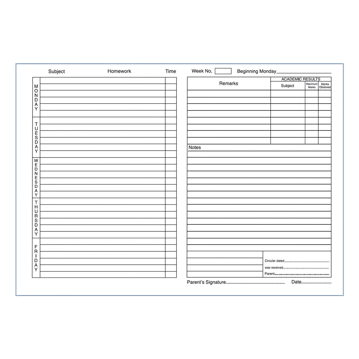 Home Lesson Book weekly spread: Monday to Friday homework rows on the left, remarks, academic results, notes and parent signature lines on the right