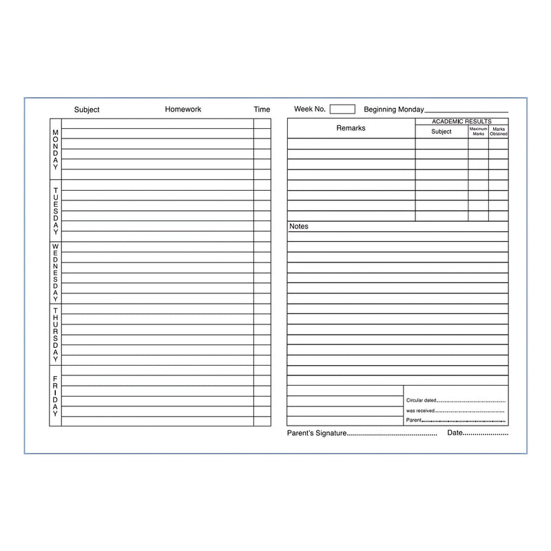 Home Lesson Book weekly spread: Monday to Friday homework rows on the left, remarks, academic results, notes and parent signature lines on the right