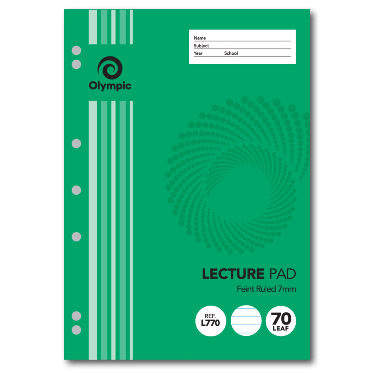 Olympic L770 A4 lecture pad with a green striped cover, name and subject panel, Feint Ruled 7mm and a 70 leaf badge, with 7 punched holes down the left edge