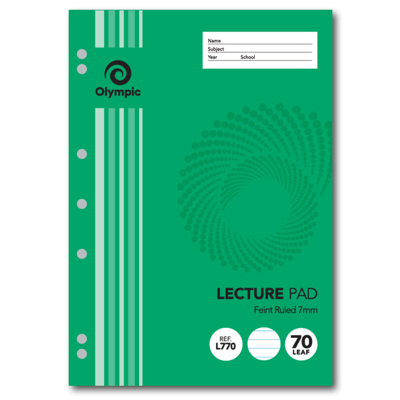 Olympic L770 A4 lecture pad with a green striped cover, name and subject panel, Feint Ruled 7mm and a 70 leaf badge, with 7 punched holes down the left edge