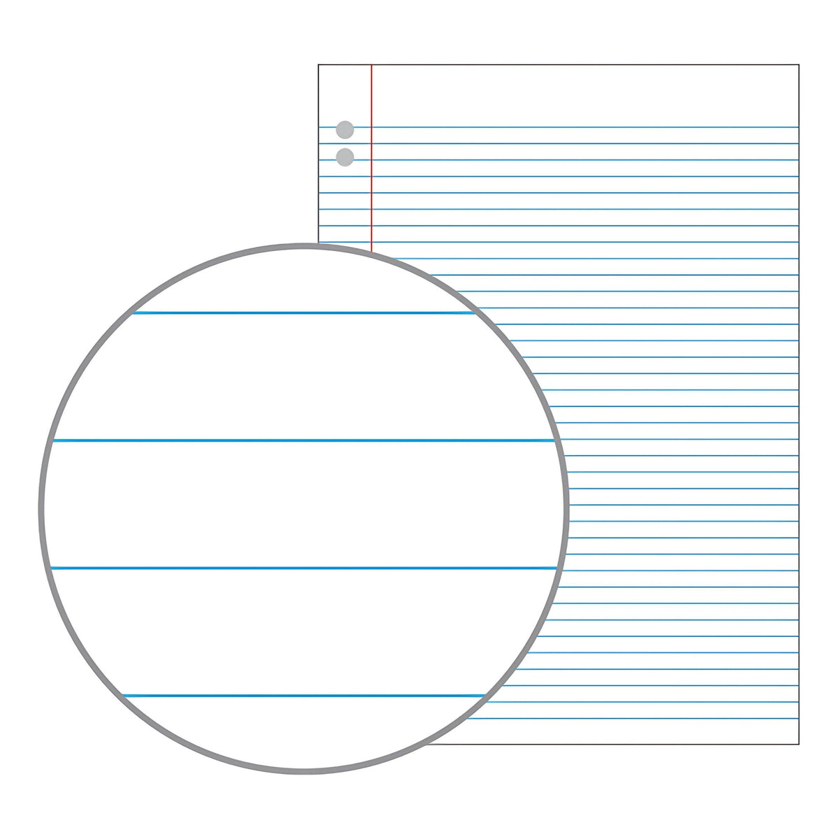 Olympic illustration of a ruled pad page with blue horizontal lines, a red margin on the left and two punched holes, with a magnified circle