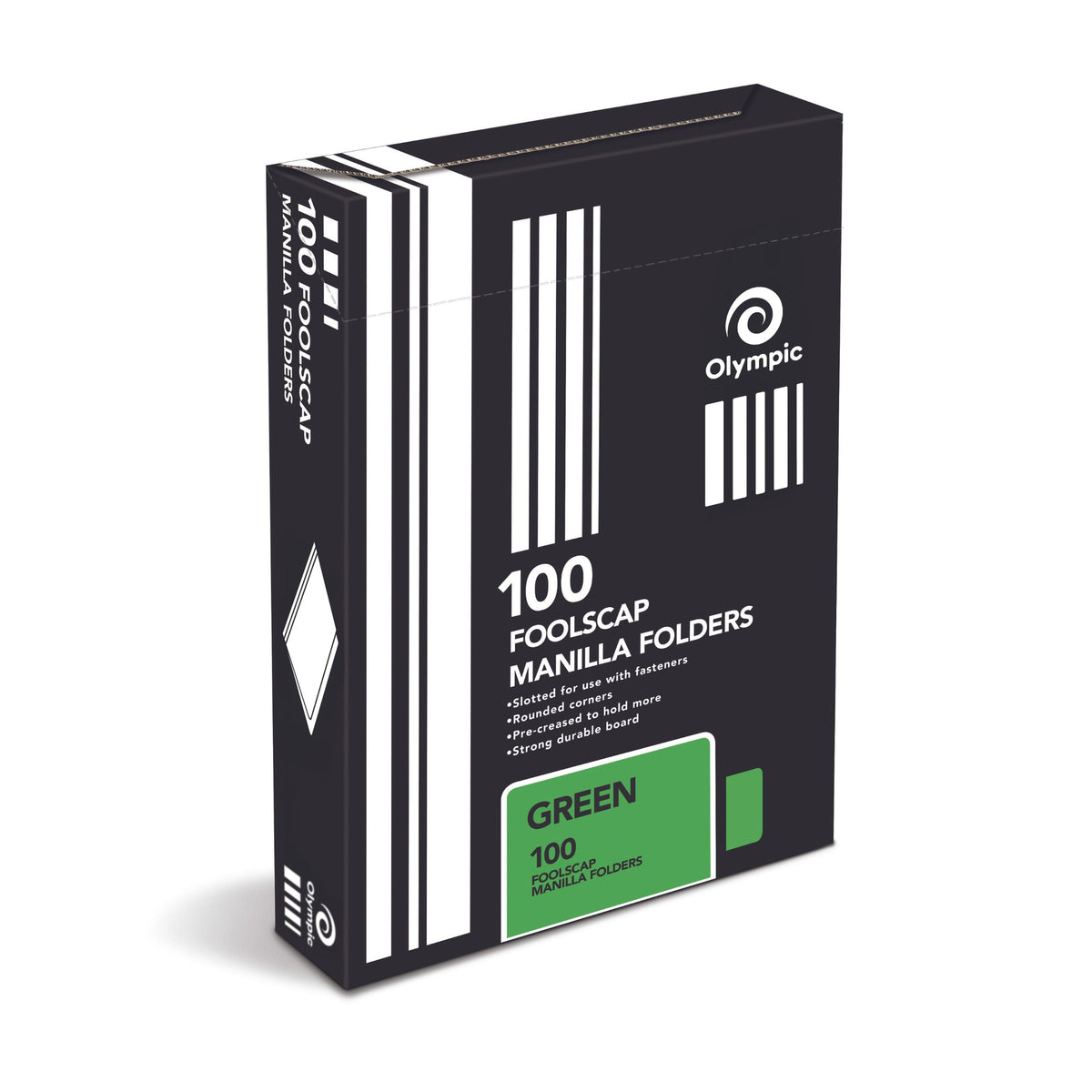 Olympic box of 100 foolscap manilla folders in black packaging with a green colour panel and white stripes, with the folder features listed on the front