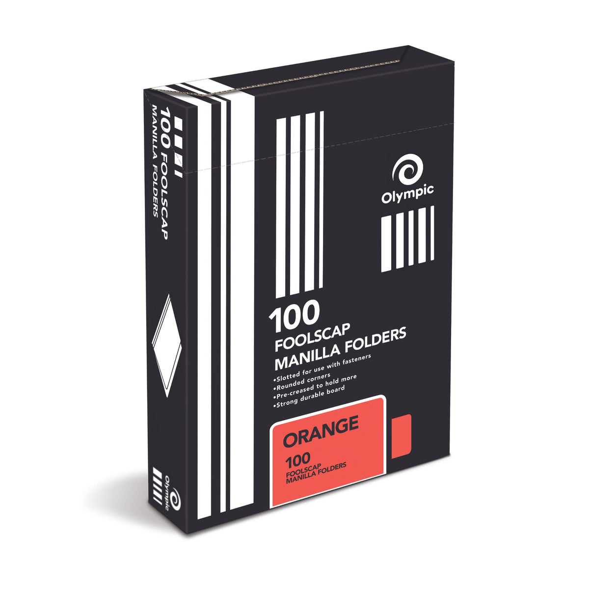 Olympic box of 100 foolscap manilla folders, black packaging with white stripes and an orange colour panel reading Orange 100 Foolscap Manilla Folders