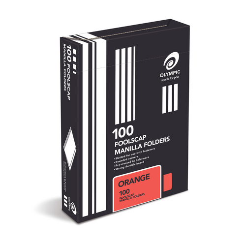 Earlier Olympic works for you box of 100 orange foolscap manilla folders showing the orange label panel and folder features