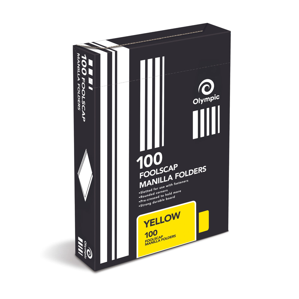 Olympic box of 100 foolscap manilla folders, black packaging with white stripes and a yellow panel reading Yellow 100 Foolscap Manilla Folders