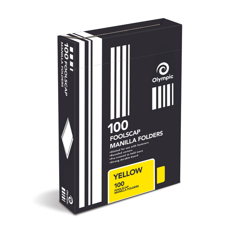Olympic box of 100 foolscap manilla folders, black packaging with white stripes and a yellow panel reading Yellow 100 Foolscap Manilla Folders