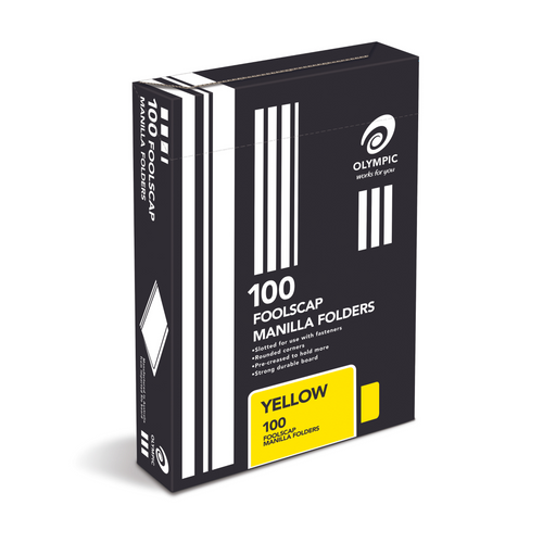 Earlier Olympic works for you box of 100 yellow foolscap manilla folders, black carton with a yellow label panel and folder features