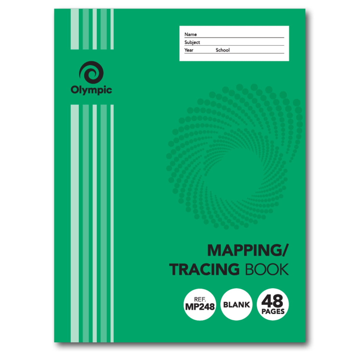 Olympic Mapping/Tracing Book front cover in green with a dotted swirl design, the Olympic logo and round badges for MP248, Blank and 48 Pages