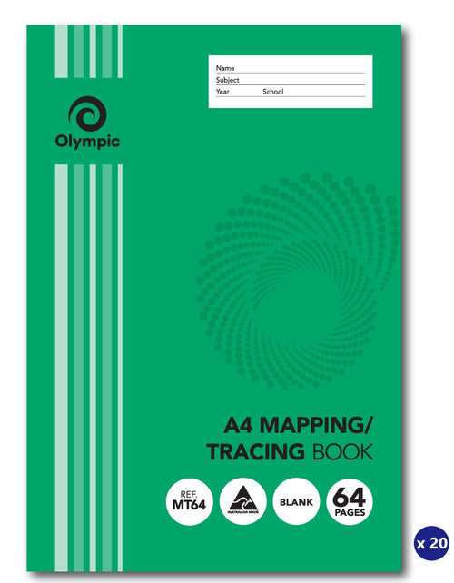 Green Olympic A4 mapping and tracing book cover showing Ref MT64, Blank and 64 Pages badges, a name panel and an x 20 pack badge