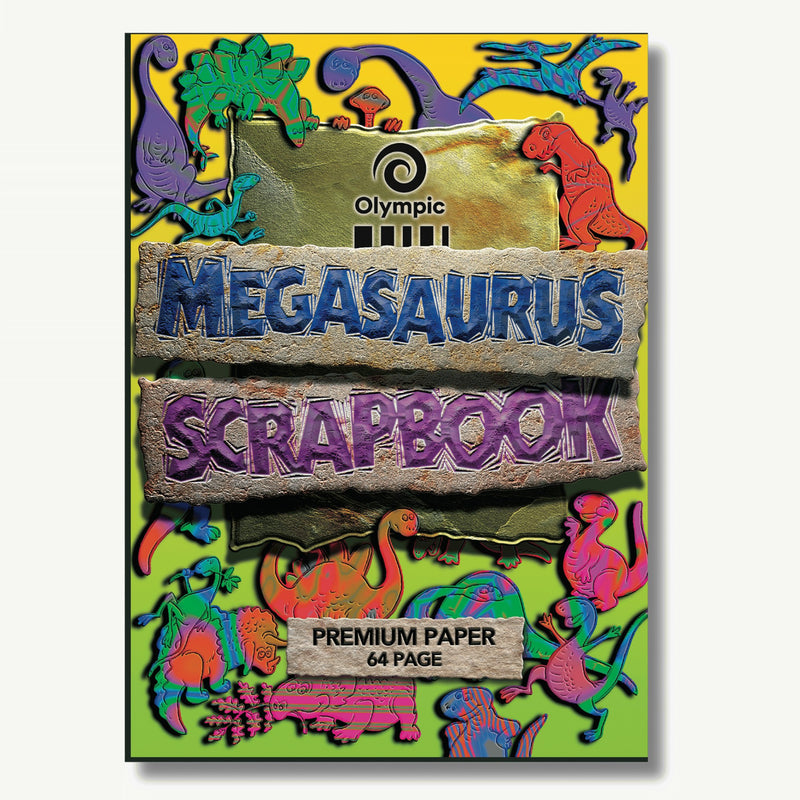 Olympic Megasaurus scrap book cover crowded with colourful cartoon dinosaurs, the title in carved stone lettering and a Premium Paper 64 Page label