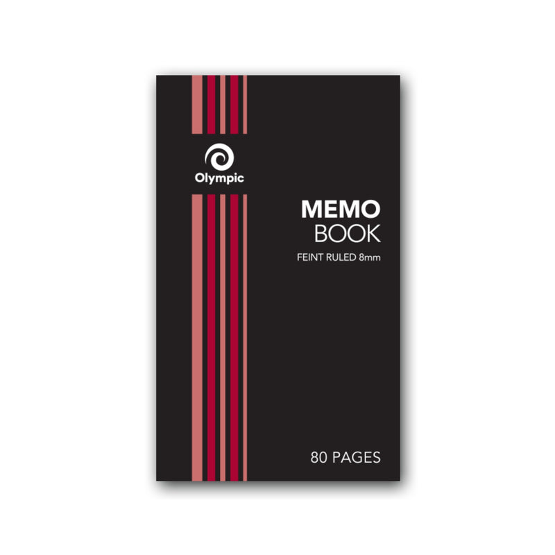 Olympic memo book with a black cover and red and pink vertical stripes, printed Memo Book, Feint Ruled 8mm and 80 Pages