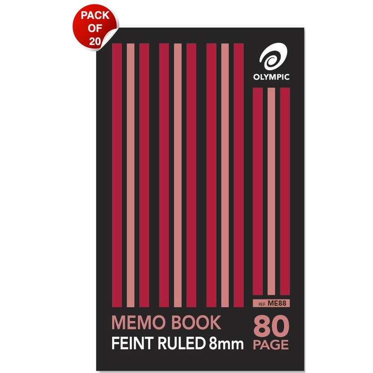 Olympic ME88 memo book earlier cover with red and pink stripes, printed Memo Book Feint Ruled 8mm and 80 Page, with a red Pack of 20 badge