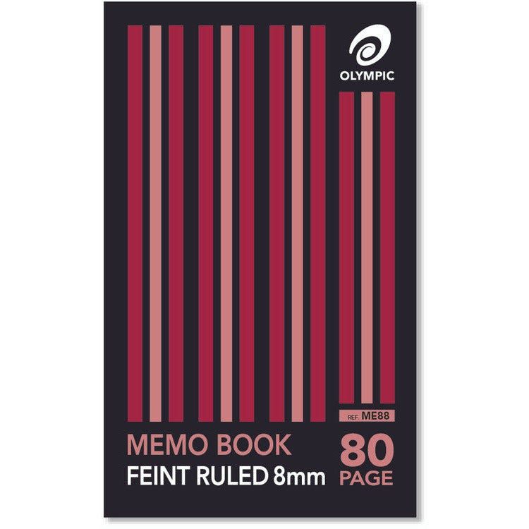 Olympic ME88 memo book front cover in black with red and pink stripes, Memo Book Feint Ruled 8mm and 80 Page in large lettering