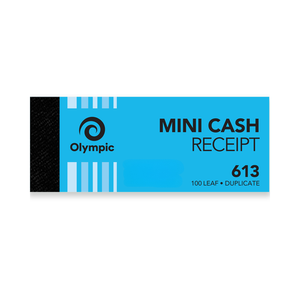 Landscape blue Olympic Mini Cash Receipt book cover with a black binding strip, printed 613 and 100 leaf duplicate