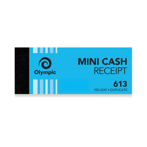 Landscape blue Olympic Mini Cash Receipt book cover with a black binding strip, printed 613 and 100 leaf duplicate