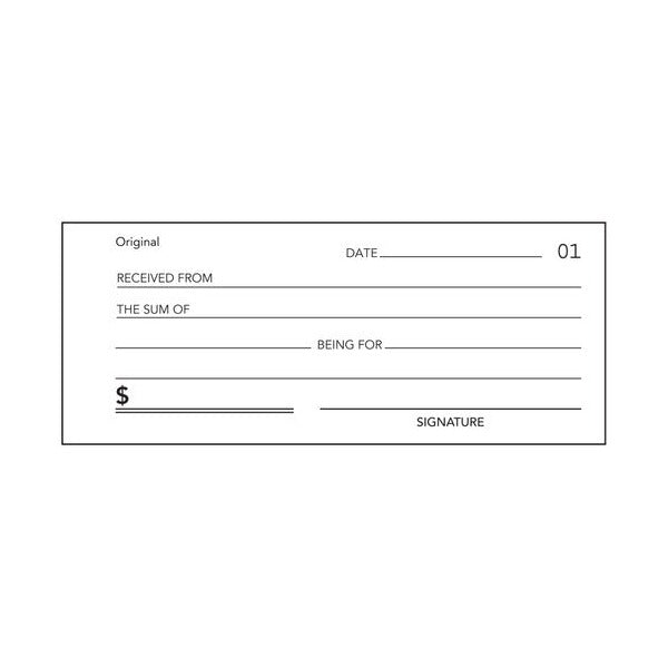 Sample Olympic mini cash receipt slip marked Original and 01, with lines for date, received from, the sum of, being for, a dollar amount and signature