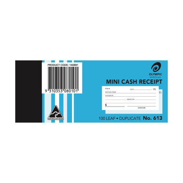 Earlier blue Olympic Mini Cash Receipt No. 613 cover with a product code 140881 barcode label and a small printed receipt sample