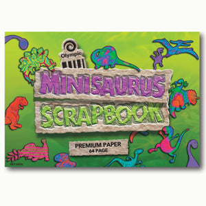 Landscape green Olympic Minisaurus scrap book cover with cartoon dinosaurs, the title in stone lettering, a Premium Paper 64 Page label and Ref SM26
