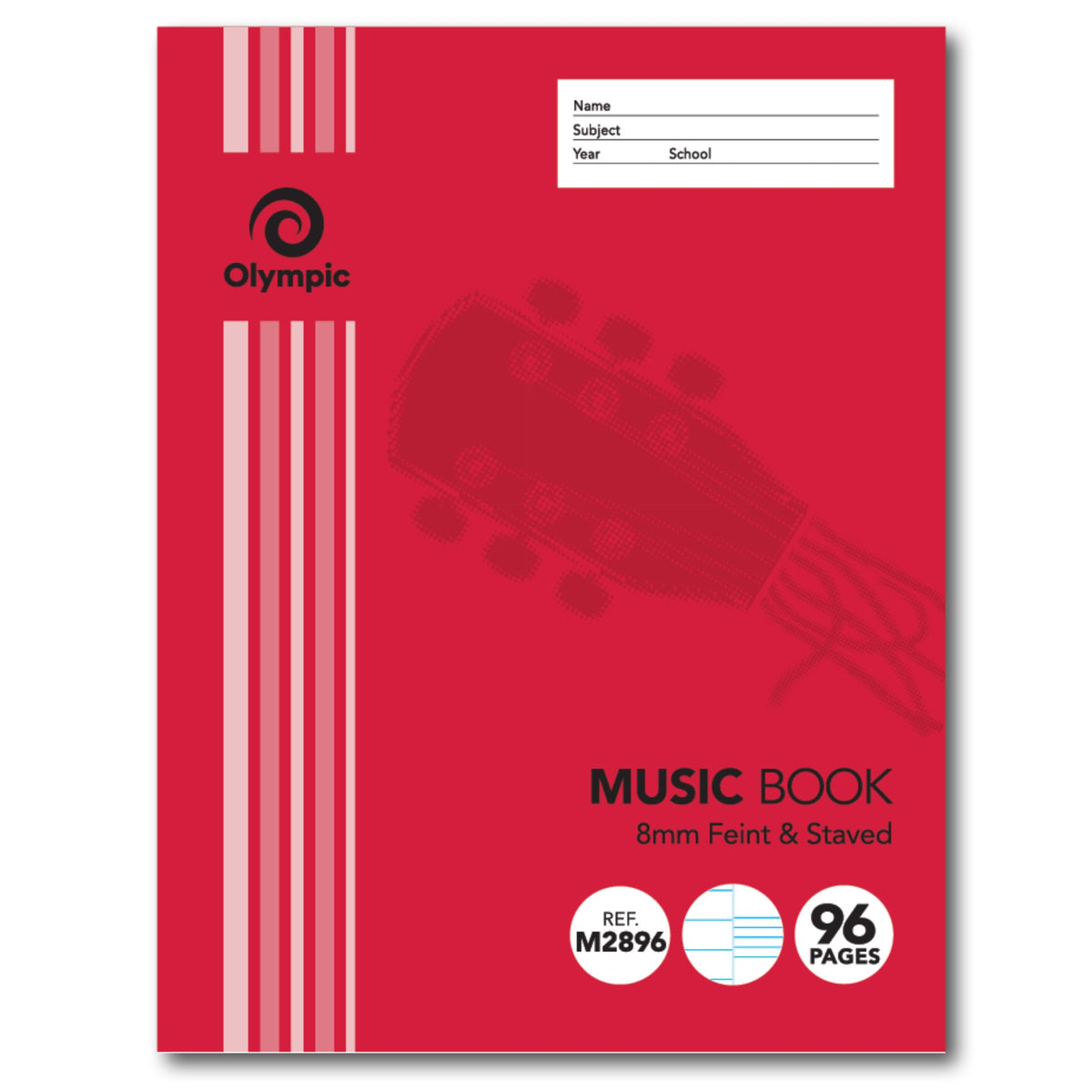Red Olympic Music Book cover with guitar head artwork, 8mm Feint and Staved, Ref M2896 and 96 Pages badges and a name panel