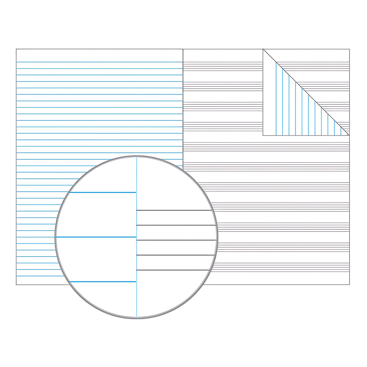 Illustration of an open Olympic music book with blue feint lines on the left page, grey music staves on the right and a magnified inset