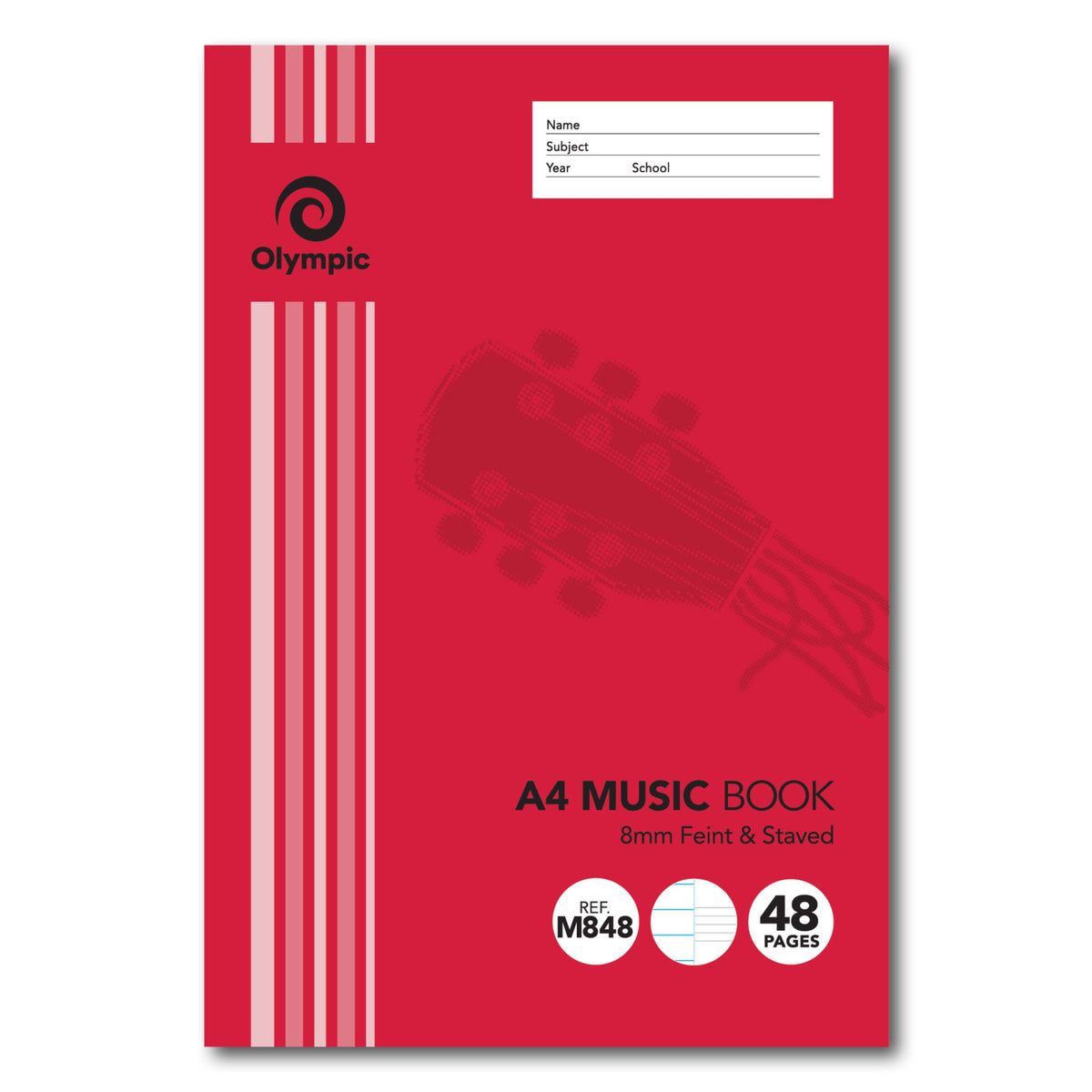Current Olympic A4 music book cover in red with guitar artwork, name panel and badges for Ref M848, the ruling and 48 Pages