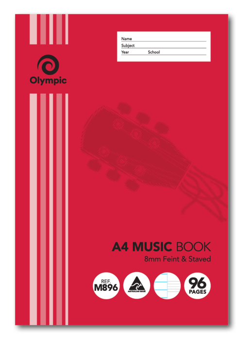 Olympic A4 music book M896 in red with guitar artwork, 8mm Feint and Staved printed, and a panel for name, subject, year and school