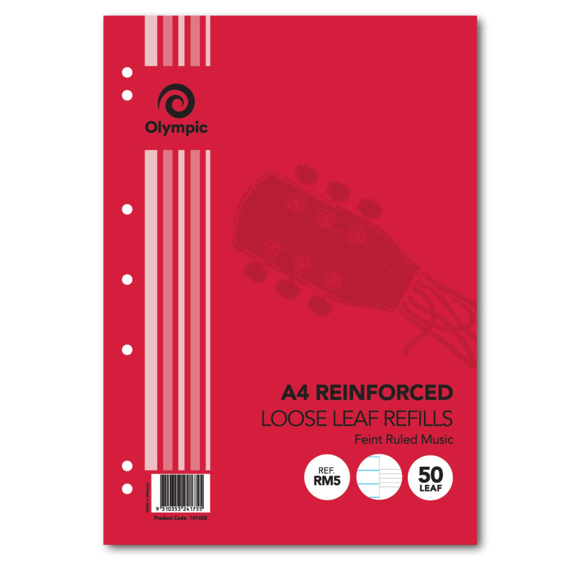Olympic RM5 music refill in red with seven punched holes down the left edge, faded guitar head artwork and a 50 leaf badge