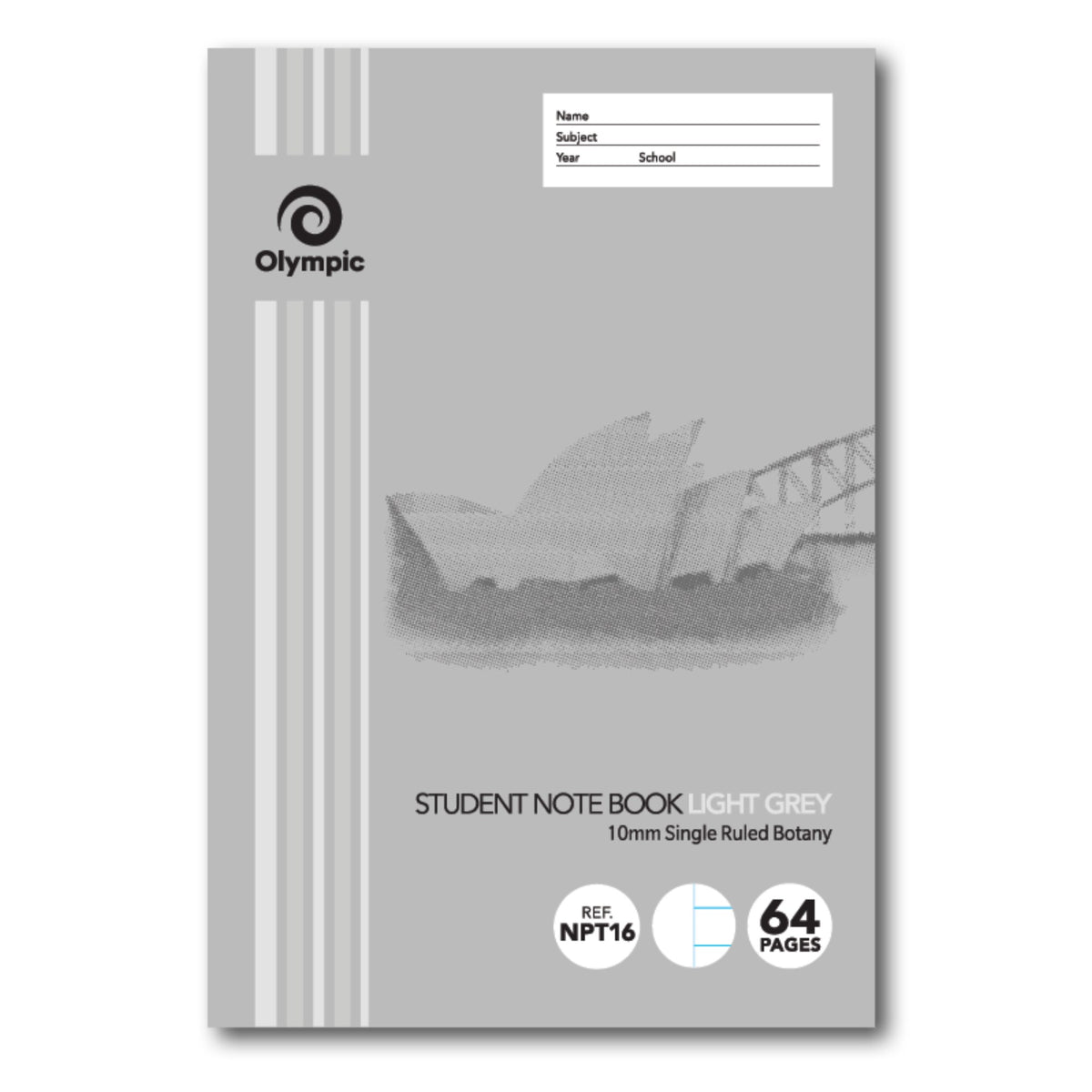 Light grey Olympic Student Note Book cover with Opera House artwork, printed 10mm Single Ruled Botany, with REF NPT16 and 64 Pages badges