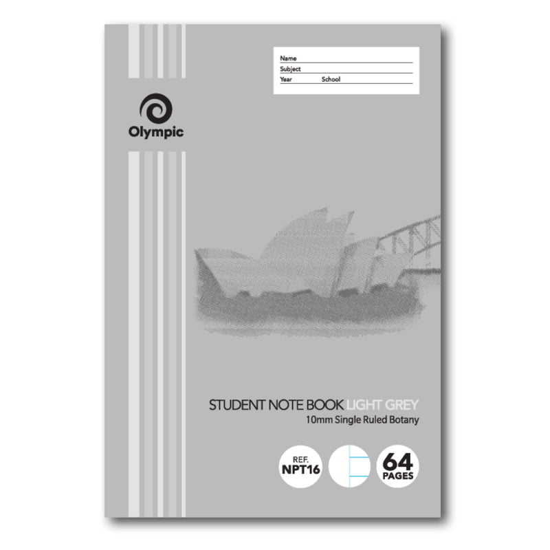 Light grey Olympic Student Note Book cover with Opera House artwork, printed 10mm Single Ruled Botany, with REF NPT16 and 64 Pages badges