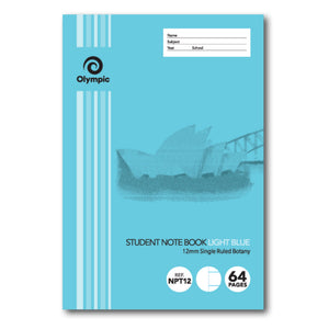 Light blue Olympic Student Note Book cover with Opera House artwork, the words 12mm Single Ruled Botany, and REF NPT12 and 64 Pages badges