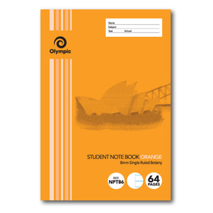 Orange Olympic Student Note Book cover with Opera House artwork, printed 8mm Single Ruled Botany, with REF NPT86 and 64 Pages badges