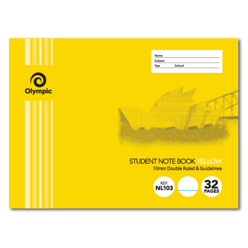Yellow landscape Olympic Student Note Book cover with Opera House and Harbour Bridge artwork, 10mm Double Ruled and Guidelines, Ref NL103, 32 Pages