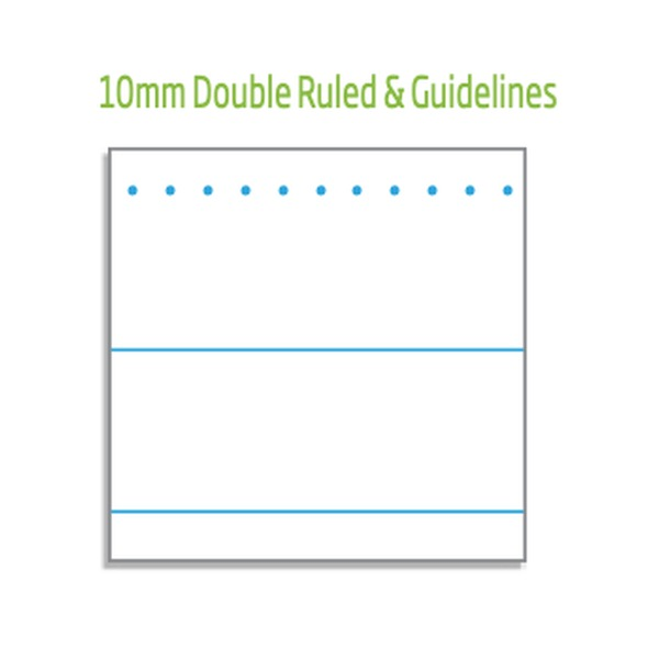 Ruling sample headed 10mm Double Ruled and Guidelines, showing a row of blue dots above two solid blue lines on a white page