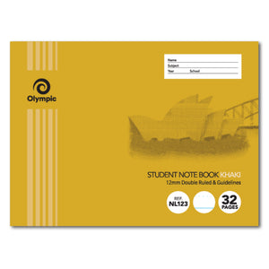 Khaki landscape Olympic Student Note Book cover with Opera House artwork, 12mm Double Ruled and Guidelines, Ref NL123 and 32 Pages badges