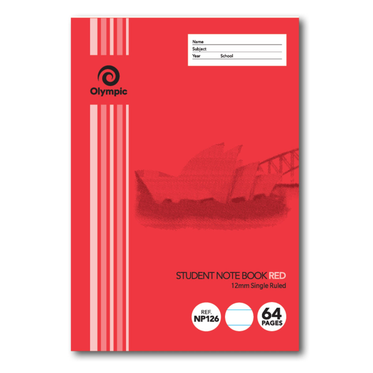 Red Olympic Student Note Book cover with Opera House artwork, printed 12mm Single Ruled with badges for REF NP126 and 64 Pages