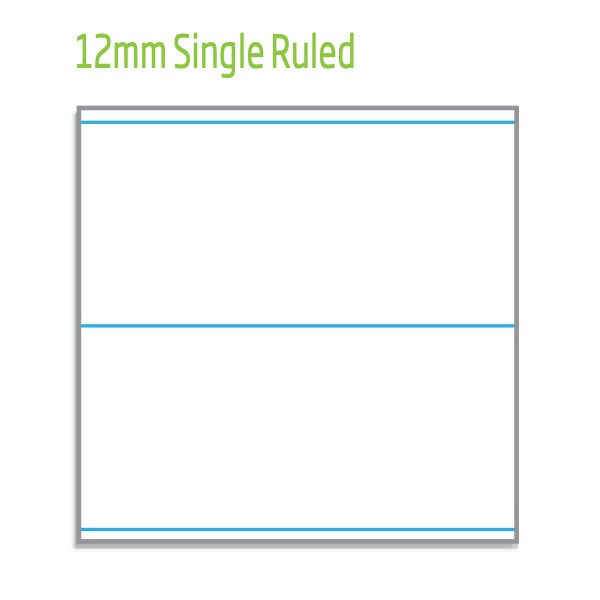 Ruling diagram titled 12mm Single Ruled with widely spaced single blue lines across a white page section